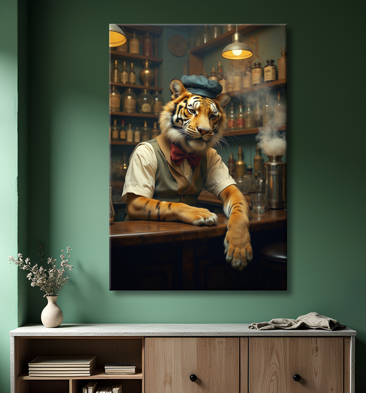 Tableau tigre serveur vintage - Animal anthropomorphe élégant dans un bar rétro avec decor