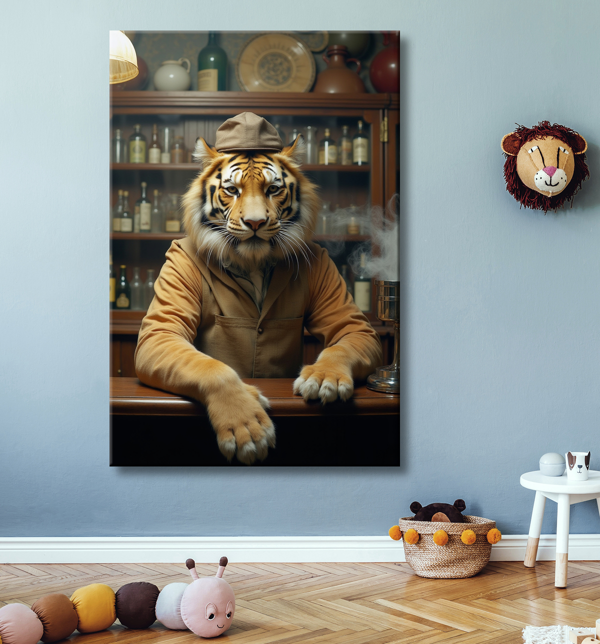 Tableau tigre serveur vintage - Animal anthropomorphe élégant dans un bar rétro avec decor