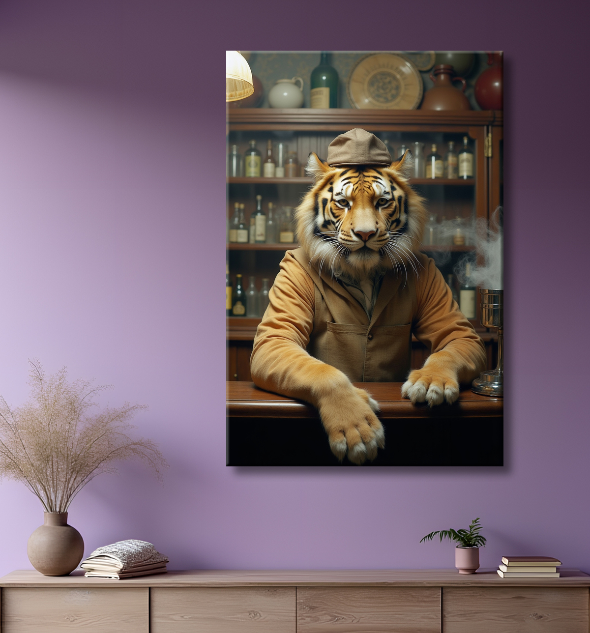 Tableau tigre serveur vintage - Animal anthropomorphe élégant dans un bar rétro avec decor
