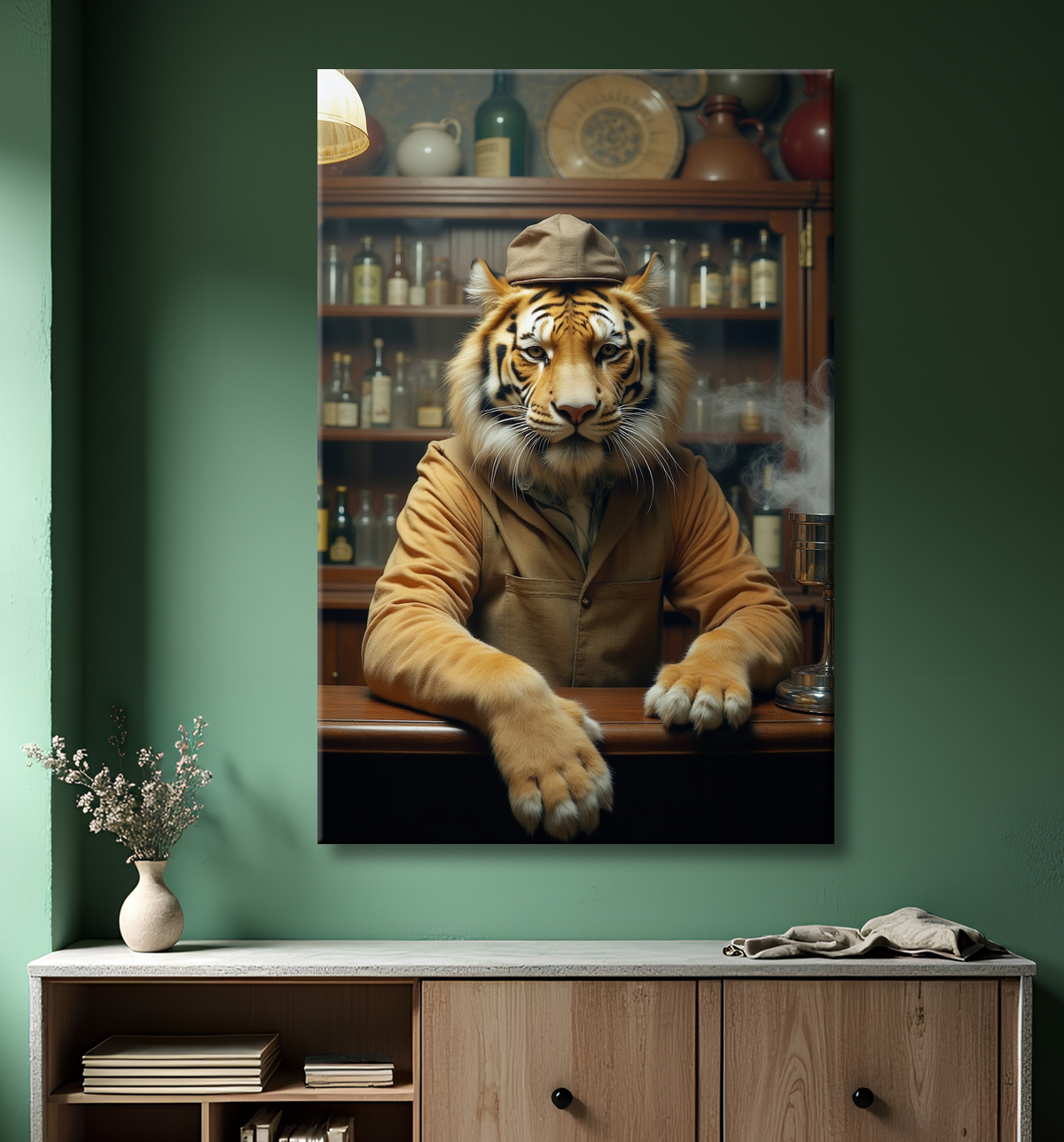 Tableau tigre serveur vintage - Animal anthropomorphe élégant dans un bar rétro avec decor