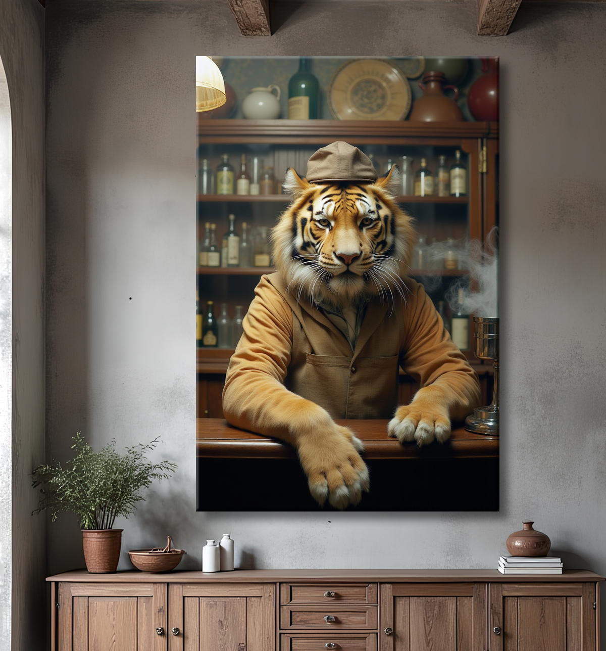 Tableau tigre serveur vintage - Animal anthropomorphe élégant dans un bar rétro avec decor