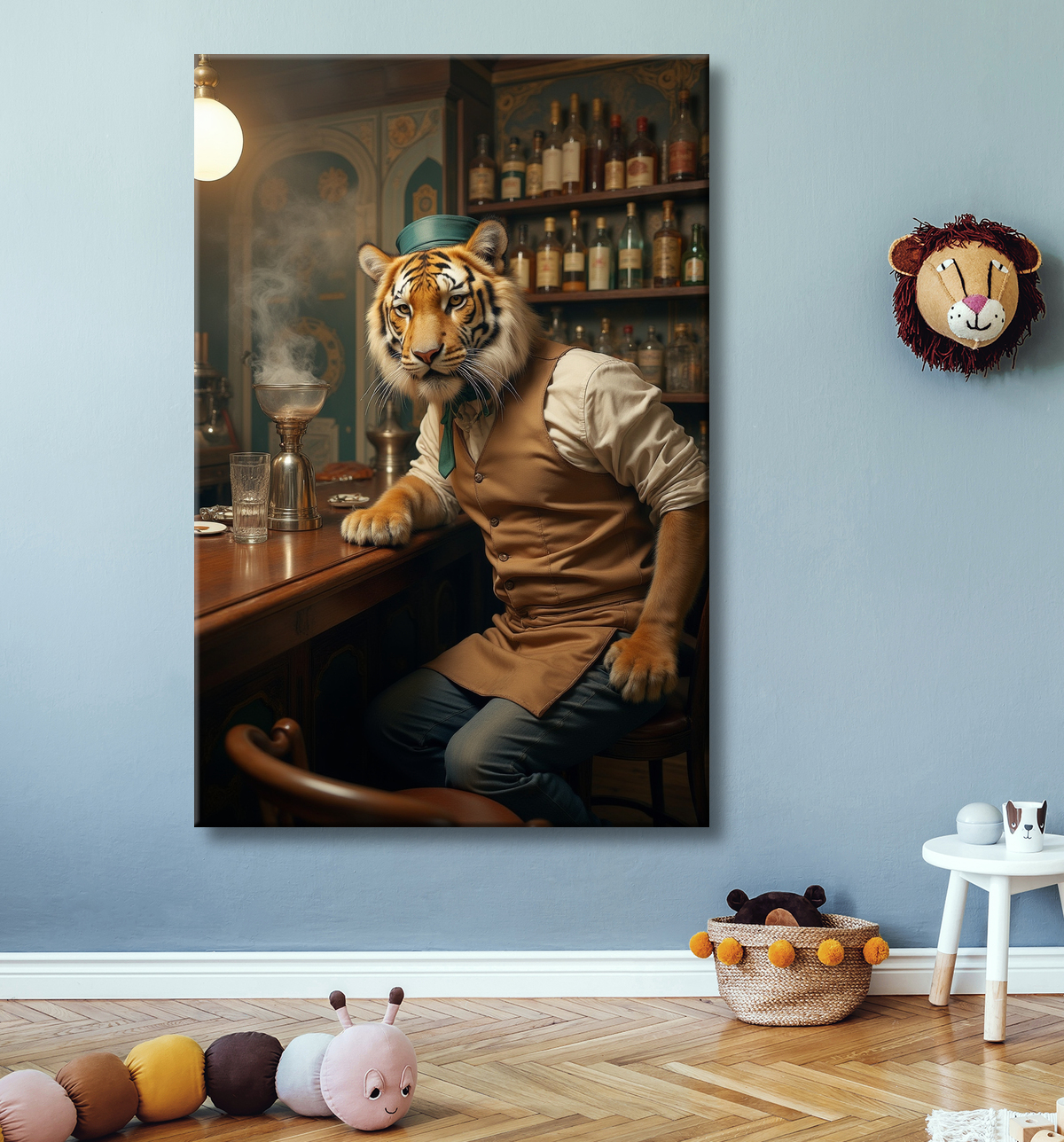 Tableau tigre serveur vintage - Animal anthropomorphe élégant dans un bar rétro avec decor
