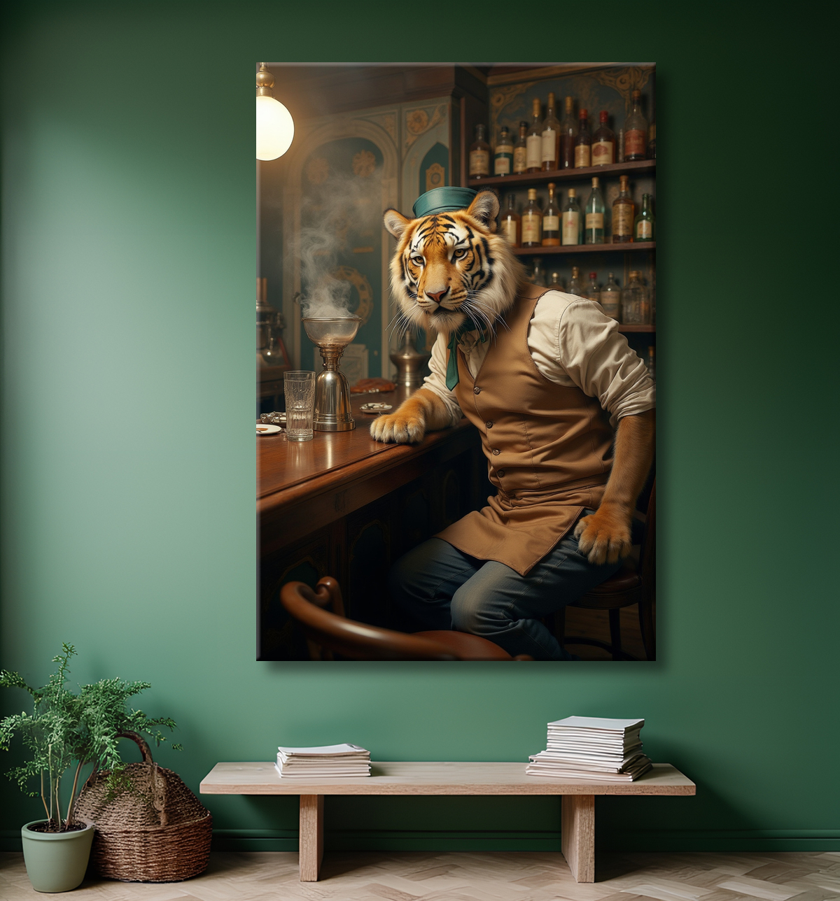 Tableau tigre serveur vintage - Animal anthropomorphe élégant dans un bar rétro avec decor