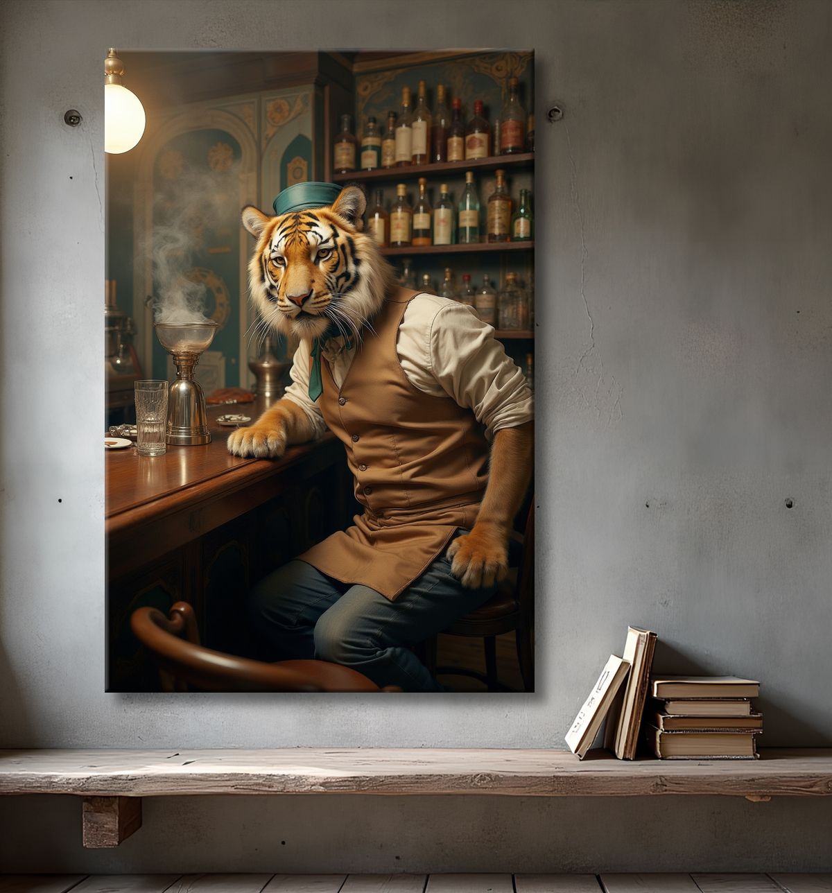 Tableau tigre serveur vintage - Animal anthropomorphe élégant dans un bar rétro avec decor