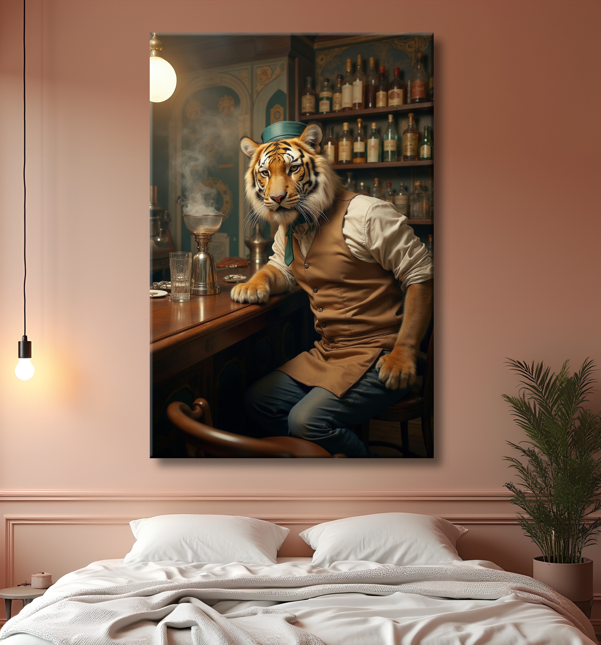 Tableau tigre serveur vintage - Animal anthropomorphe élégant dans un bar rétro avec decor