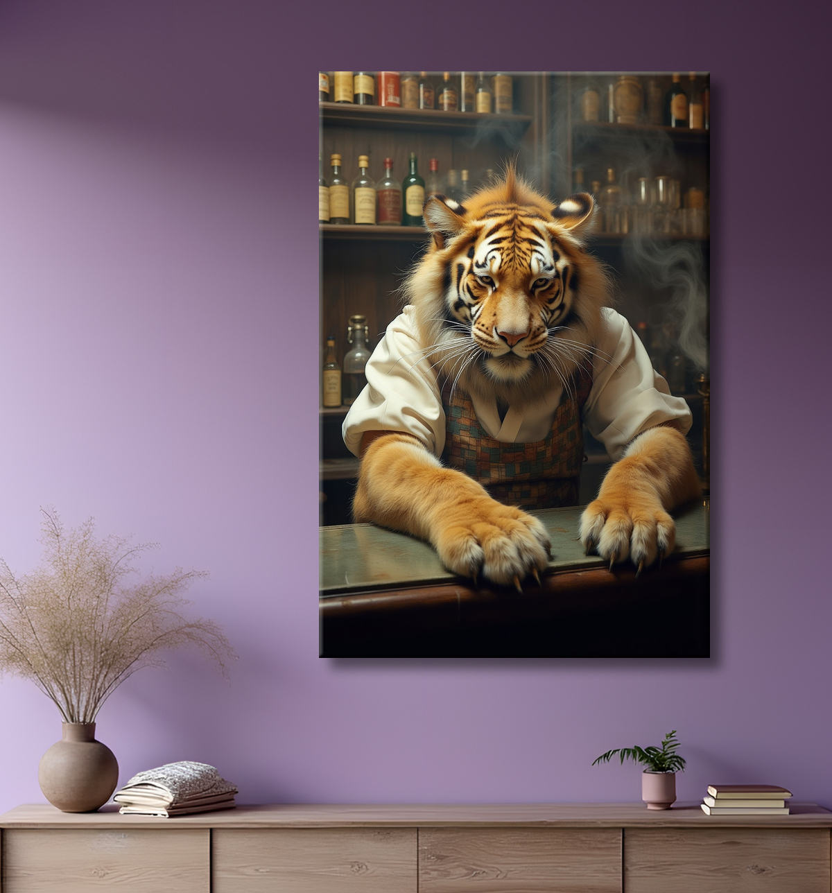 Tableau tigre serveur vintage - Animal anthropomorphe élégant dans un bar rétro avec decor