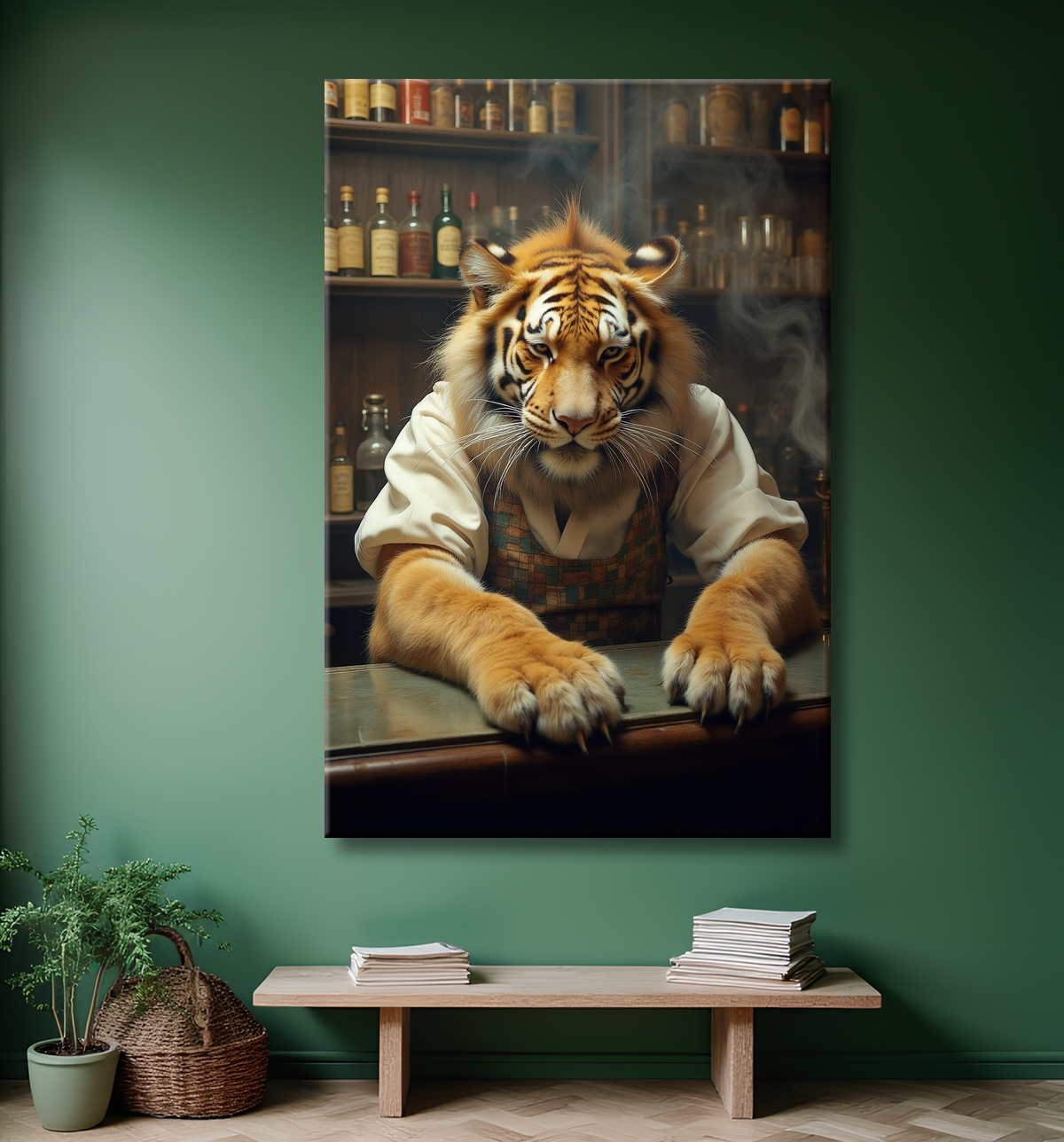Tableau tigre serveur vintage - Animal anthropomorphe élégant dans un bar rétro avec decor