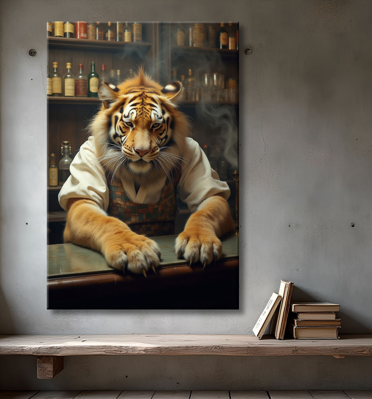 Tableau tigre serveur vintage - Animal anthropomorphe élégant dans un bar rétro avec decor