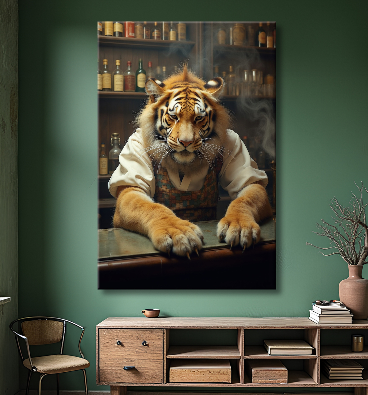Tableau tigre serveur vintage - Animal anthropomorphe élégant dans un bar rétro avec decor