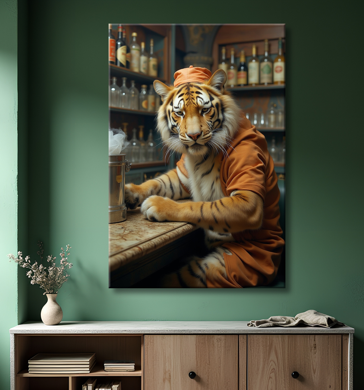 Tableau tigre serveur vintage - Animal anthropomorphe élégant dans un bar rétro avec decor