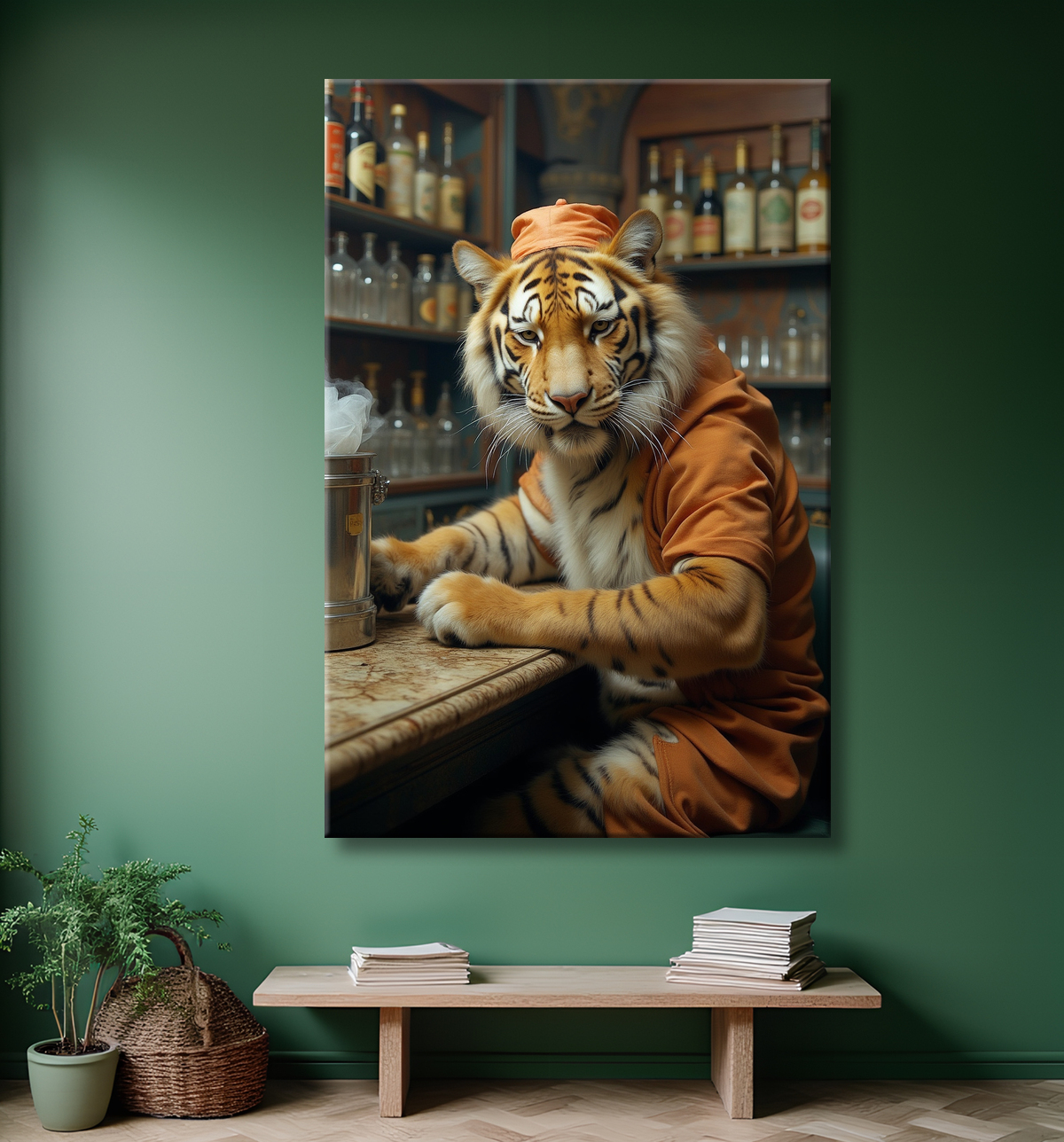 Tableau tigre serveur vintage - Animal anthropomorphe élégant dans un bar rétro avec decor
