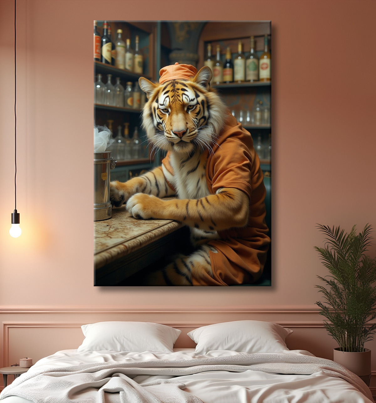 Tableau tigre serveur vintage - Animal anthropomorphe élégant dans un bar rétro avec decor