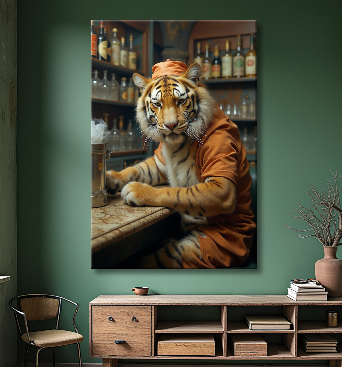 Tableau tigre serveur vintage - Animal anthropomorphe élégant dans un bar rétro avec decor