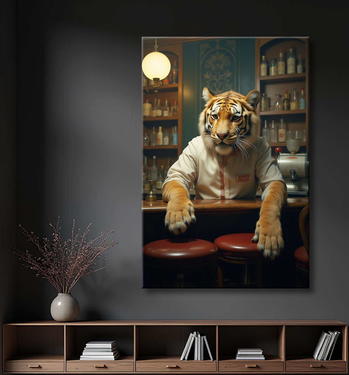 Tableau tigre serveur vintage - Animal anthropomorphe élégant dans un bar rétro avec decor