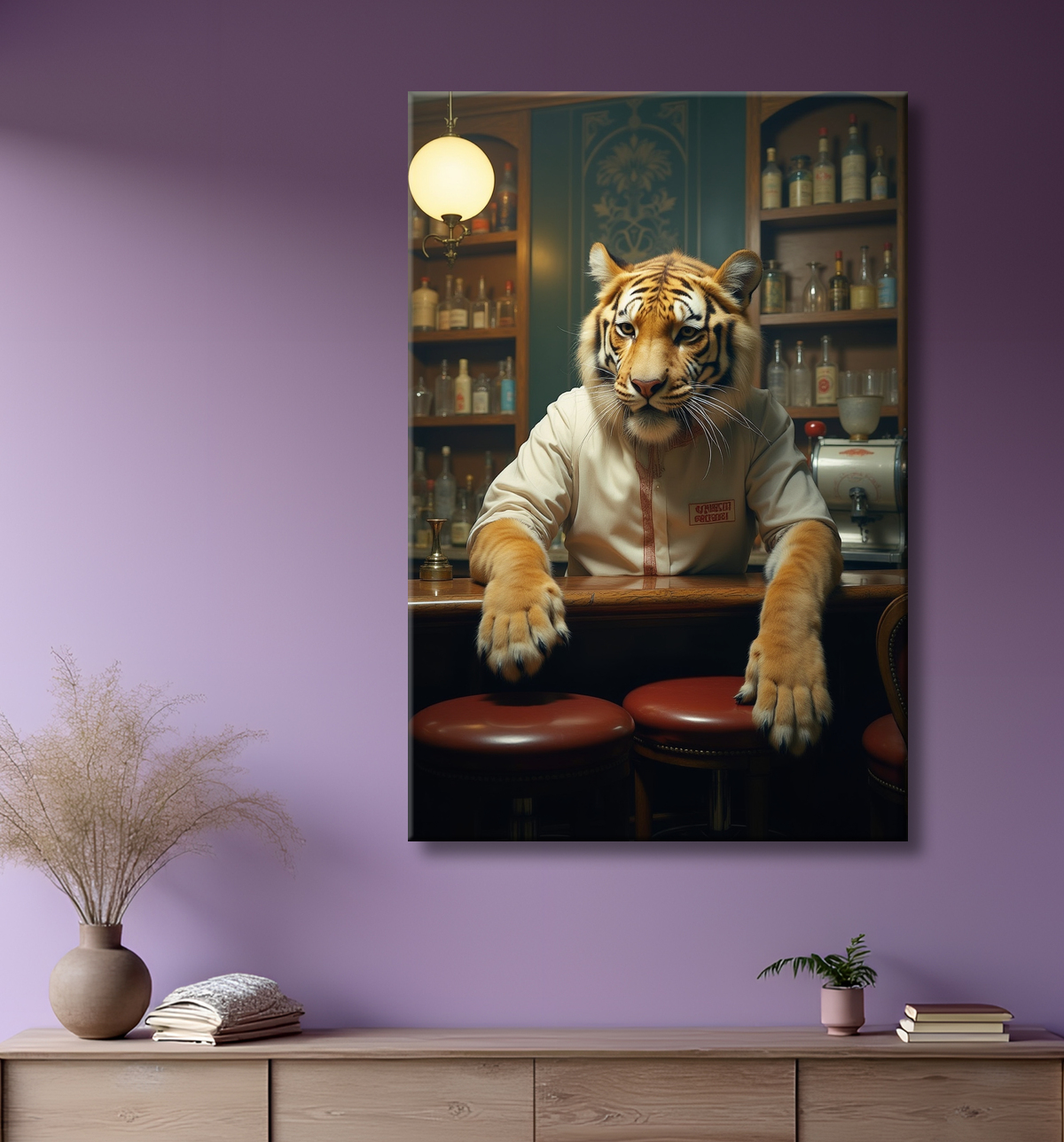 Tableau tigre serveur vintage - Animal anthropomorphe élégant dans un bar rétro avec decor