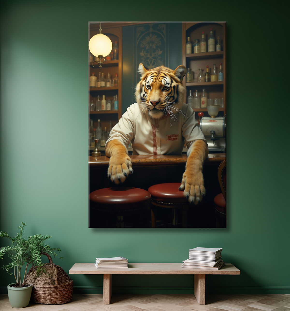 Tableau tigre serveur vintage - Animal anthropomorphe élégant dans un bar rétro avec decor