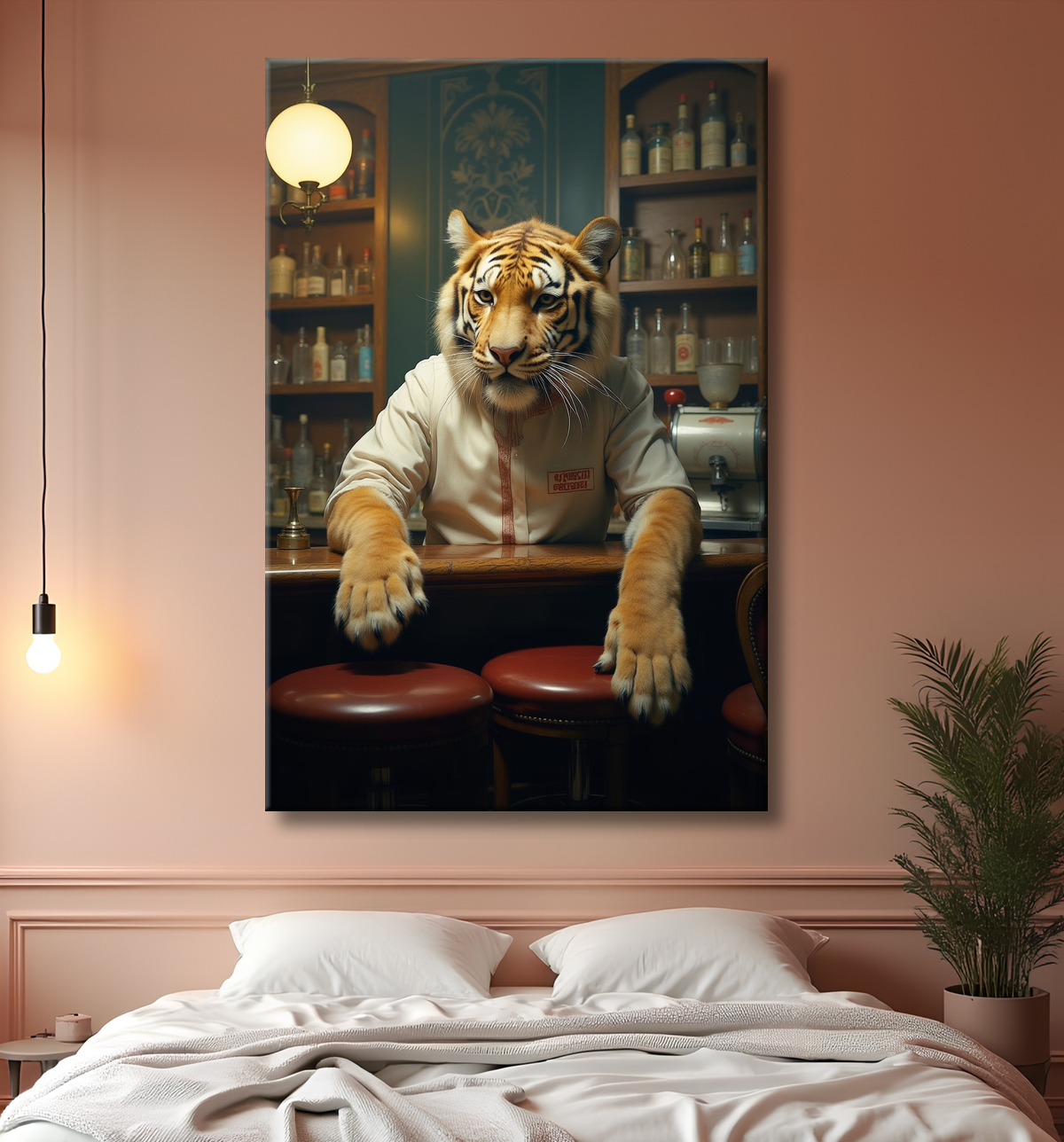 Tableau tigre serveur vintage - Animal anthropomorphe élégant dans un bar rétro avec decor