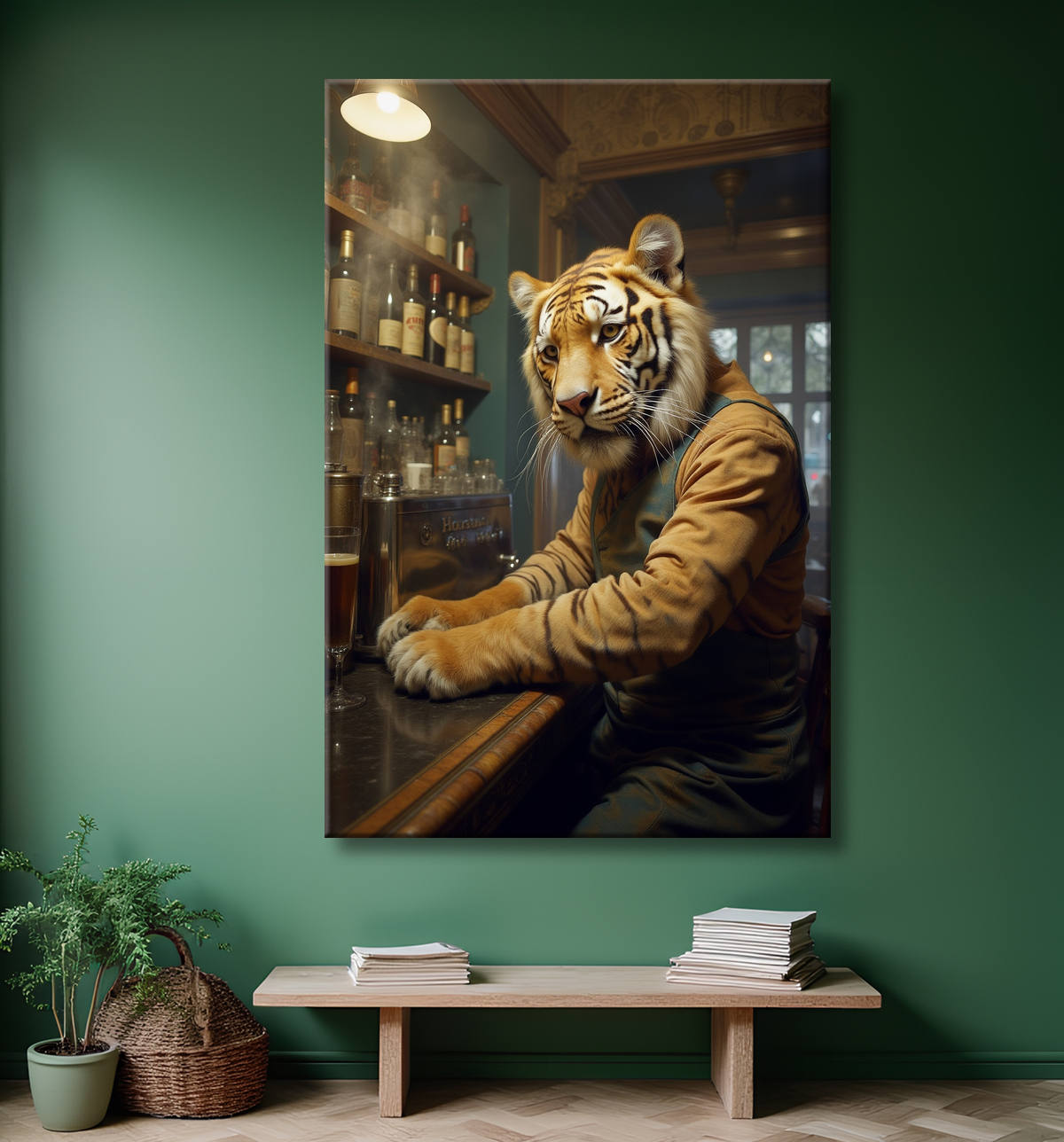 Tableau tigre serveur vintage - Animal anthropomorphe élégant dans un bar rétro avec decor