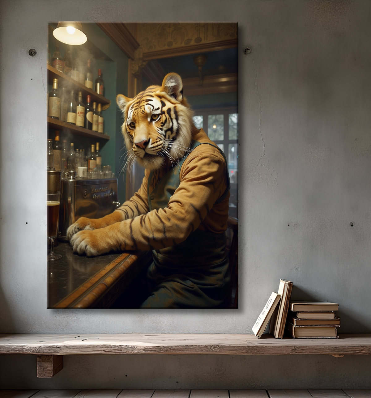 Tableau tigre serveur vintage - Animal anthropomorphe élégant dans un bar rétro avec decor