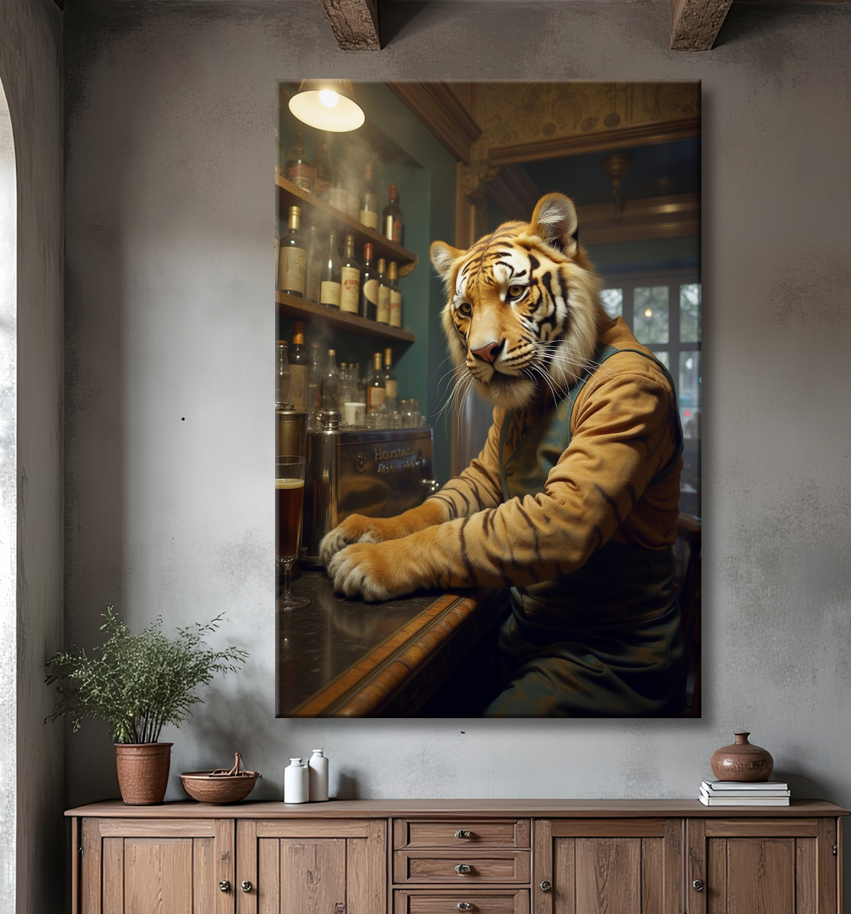 Tableau tigre serveur vintage - Animal anthropomorphe élégant dans un bar rétro avec decor