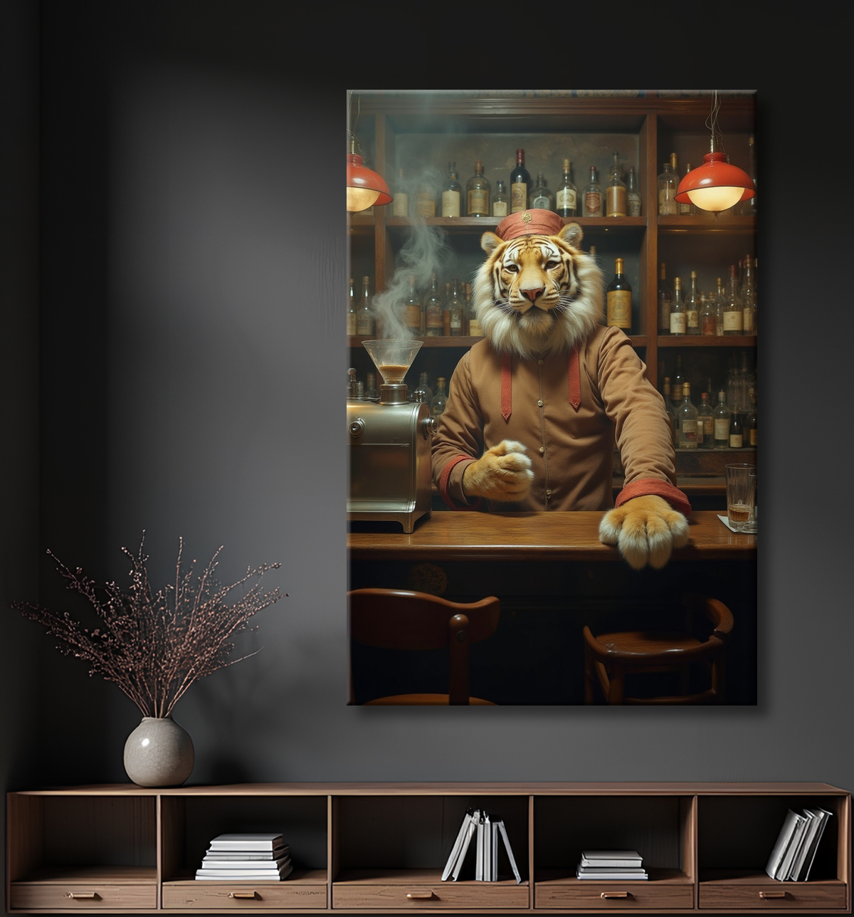 Tableau tigre serveur vintage - Animal anthropomorphe élégant dans un bar rétro avec decor