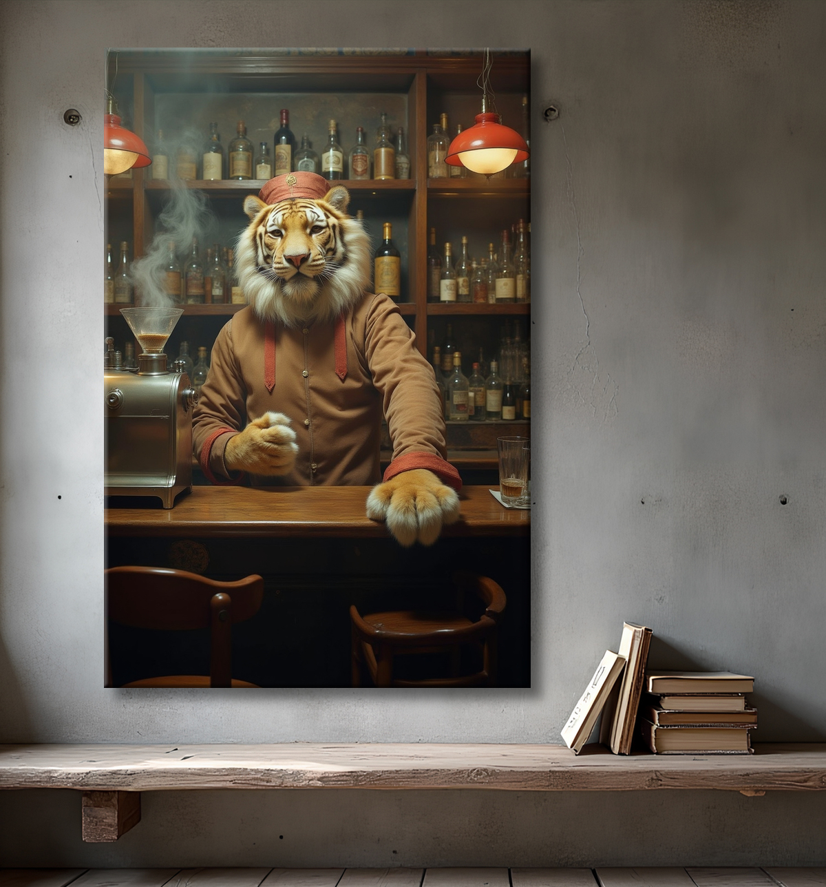 Tableau tigre serveur vintage - Animal anthropomorphe élégant dans un bar rétro avec decor