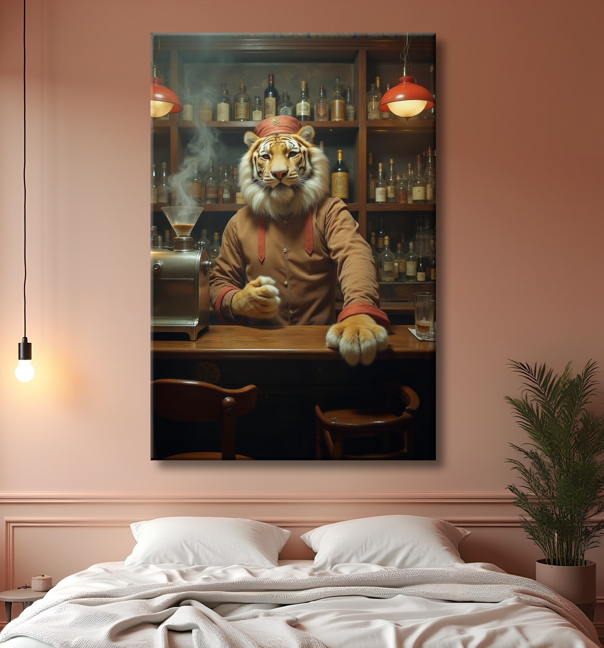 Tableau tigre serveur vintage - Animal anthropomorphe élégant dans un bar rétro avec decor