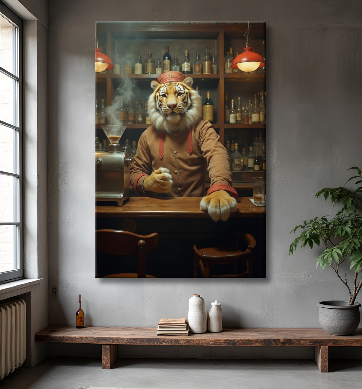 Tableau tigre serveur vintage - Animal anthropomorphe élégant dans un bar rétro avec decor