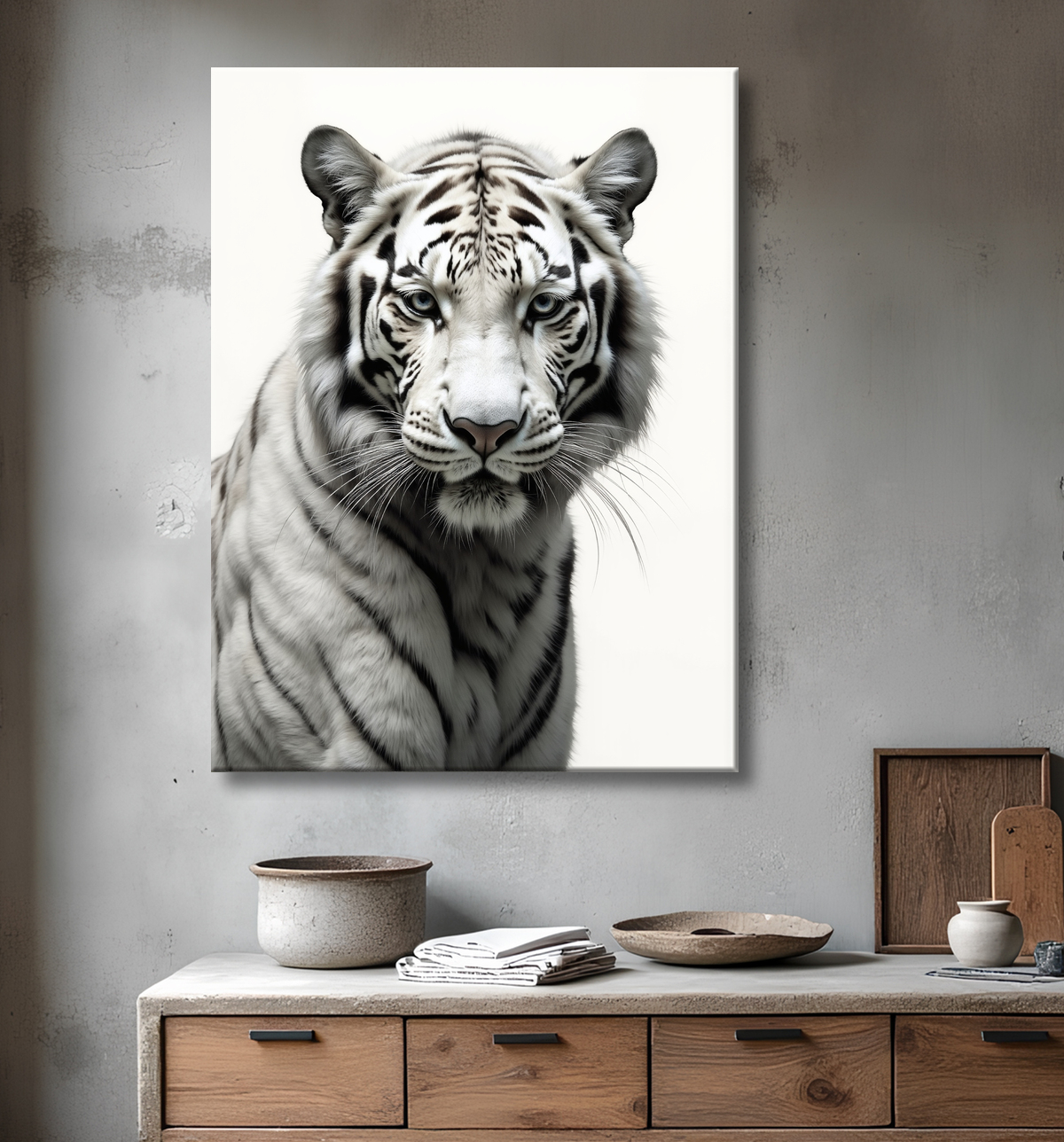 Tableau tigre blanc sur fond clair - Photo d'art décorative avec decor