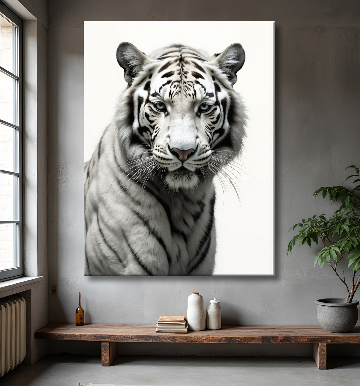 Tableau tigre blanc sur fond clair - Photo d'art décorative avec decor