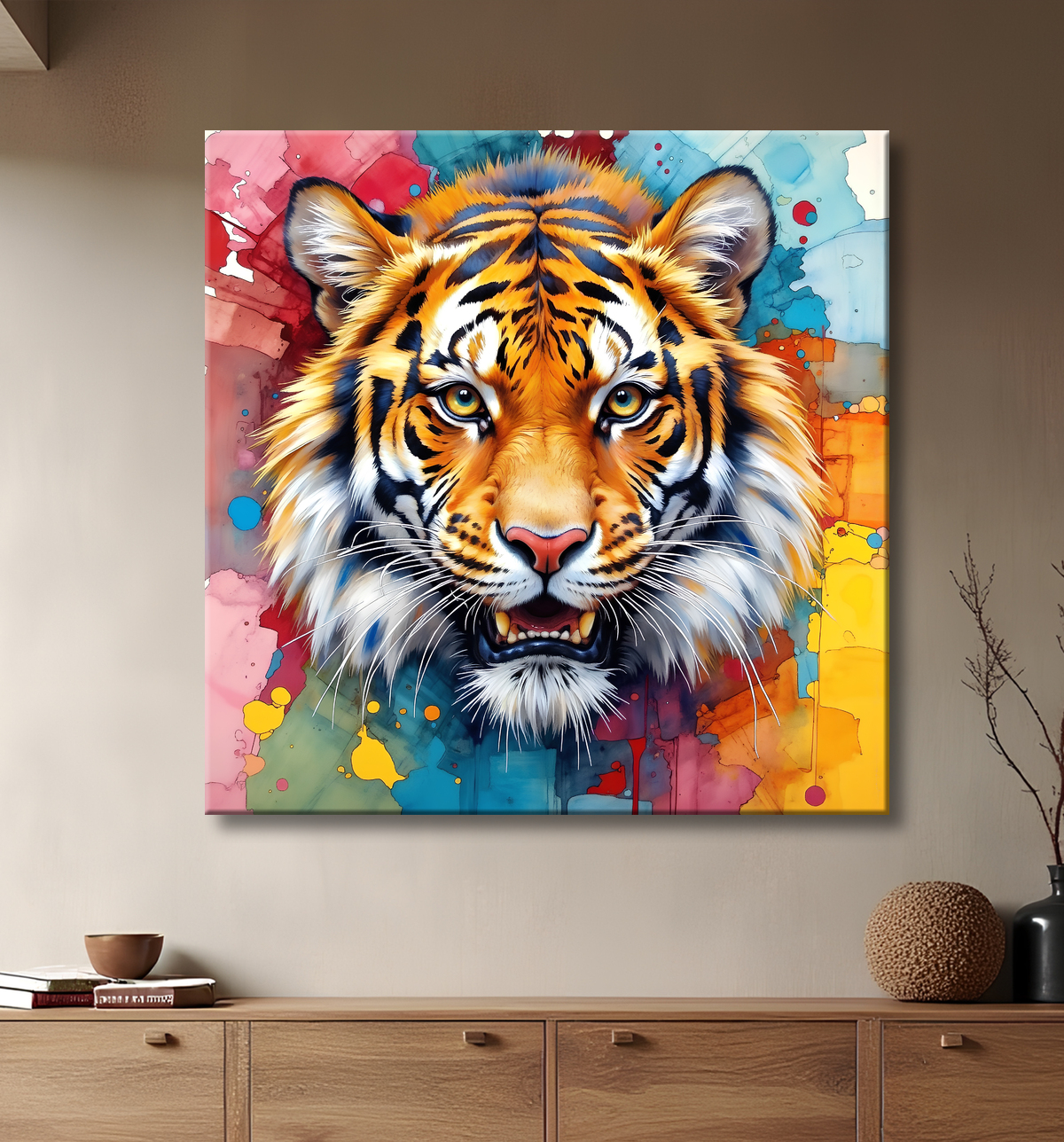 Tableau tigre pop full color - Tête éclatante multicolore avec decor