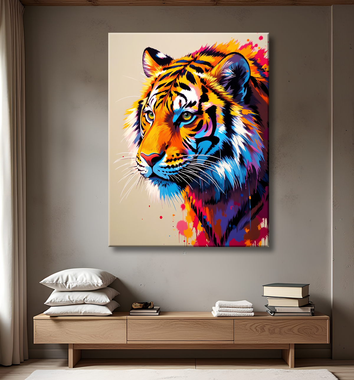Tableau tigre pop art - Explosion de couleurs sur fond clair avec decor