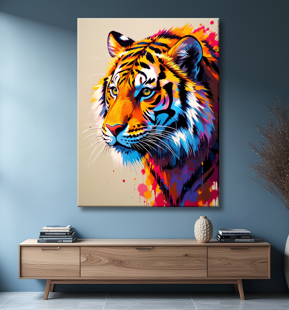 Tableau tigre pop art - Explosion de couleurs sur fond clair avec decor