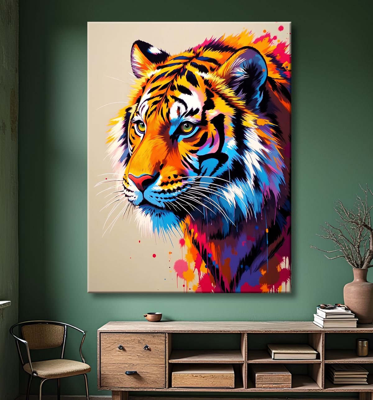 Tableau tigre pop art - Explosion de couleurs sur fond clair avec decor