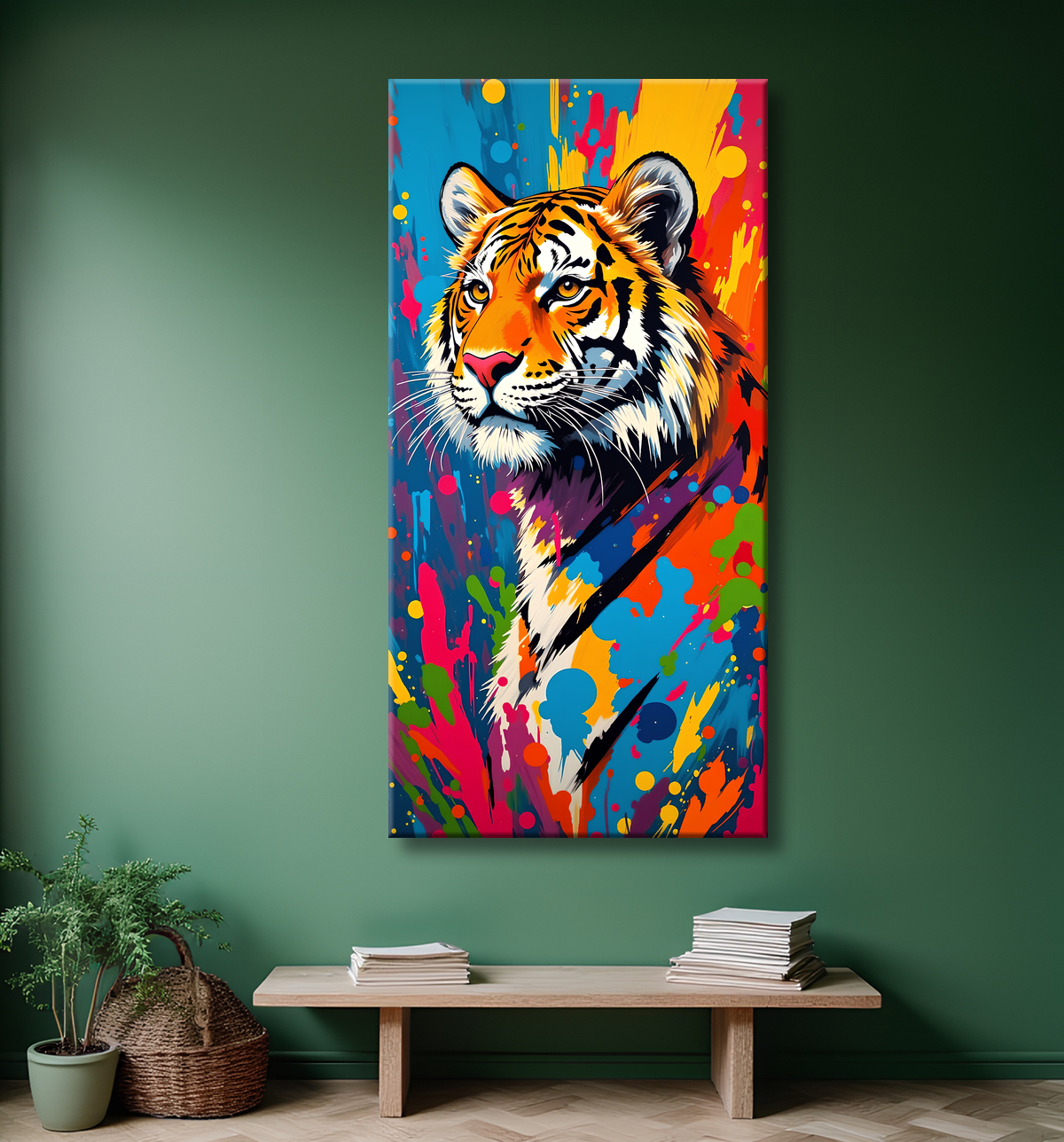Tableau tigre pop art - Explosion de couleurs sur fond clair avec decor