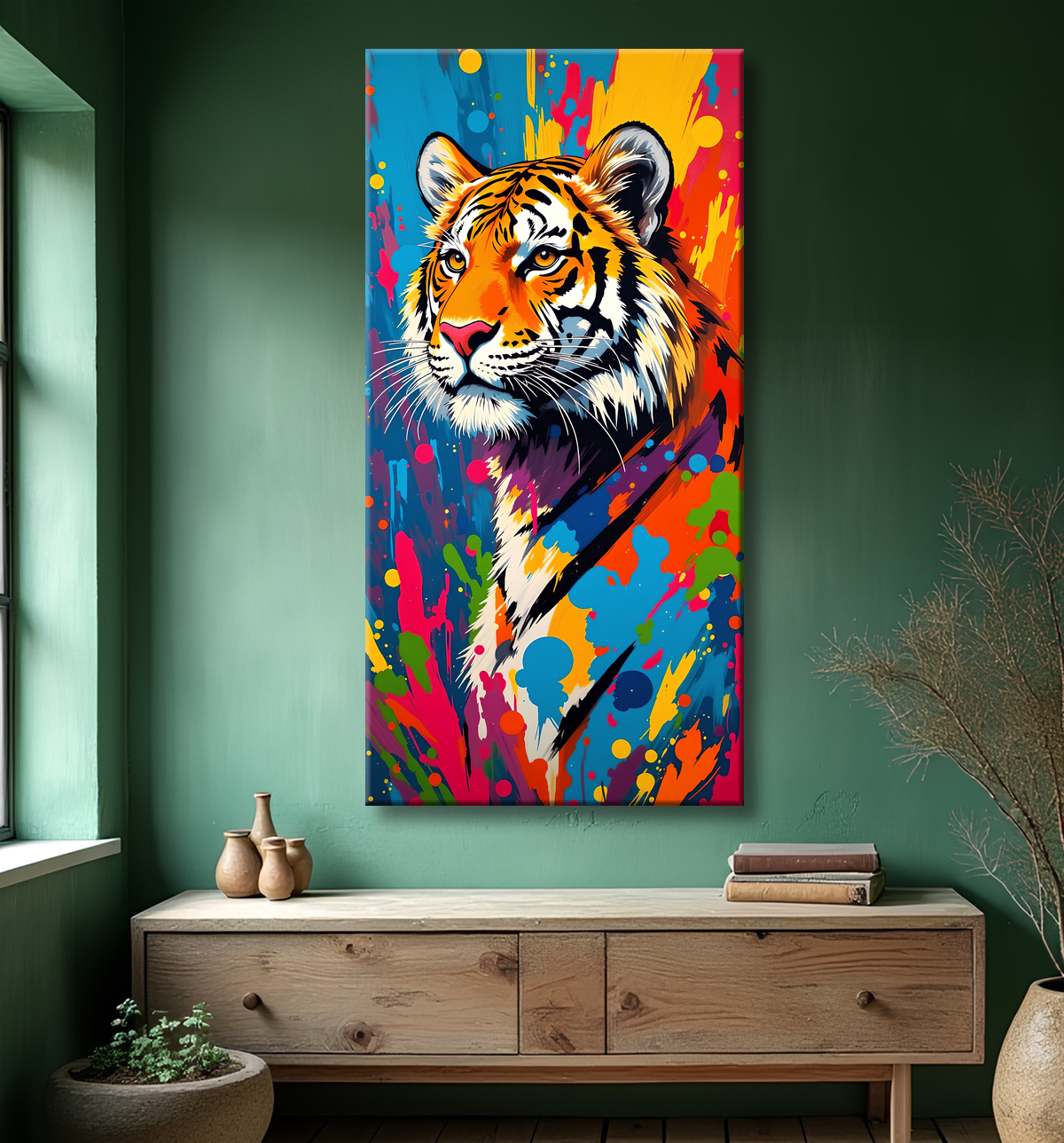 Tableau tigre pop art - Explosion de couleurs sur fond clair avec decor