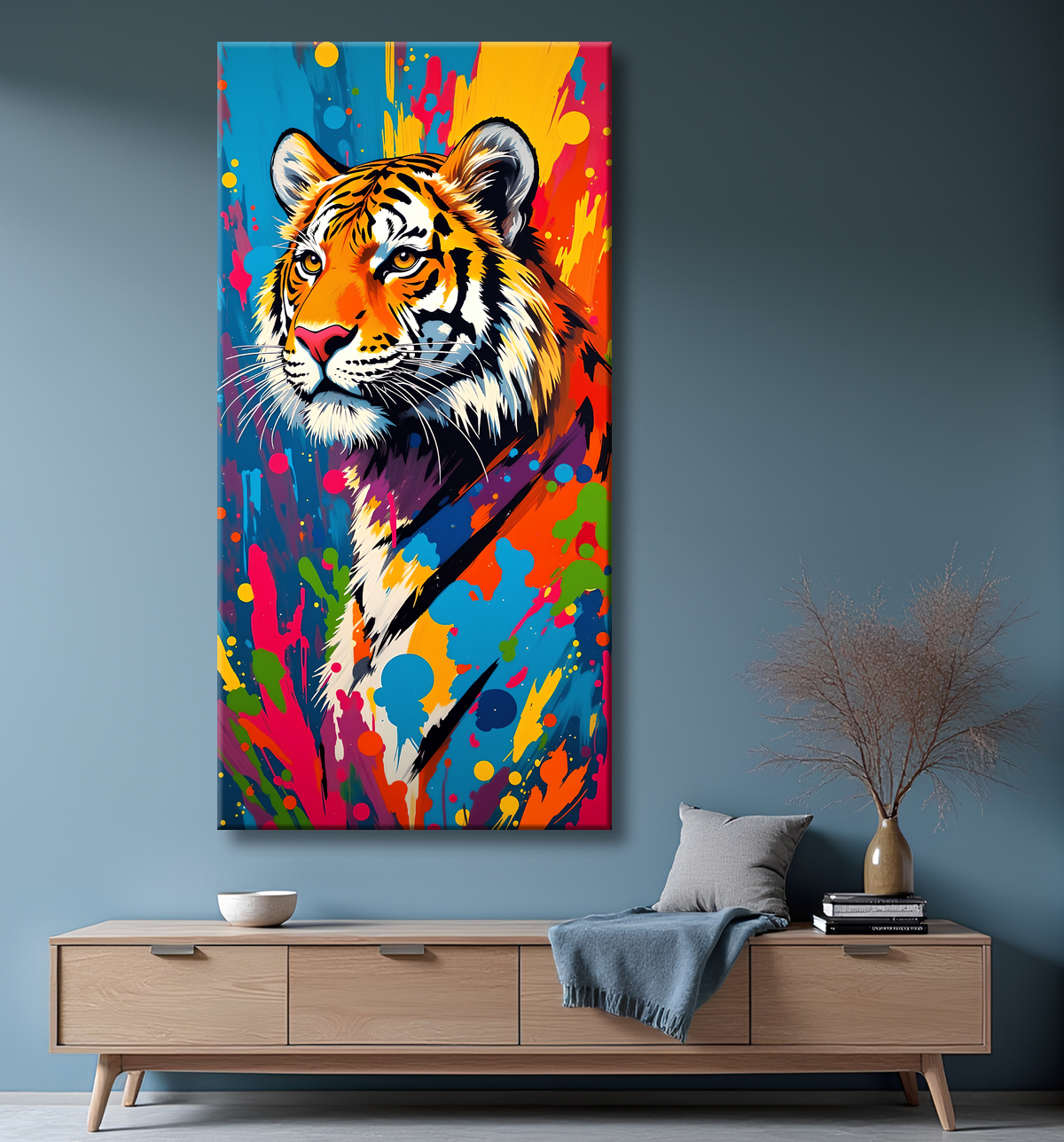 Tableau tigre pop art - Explosion de couleurs sur fond clair avec decor