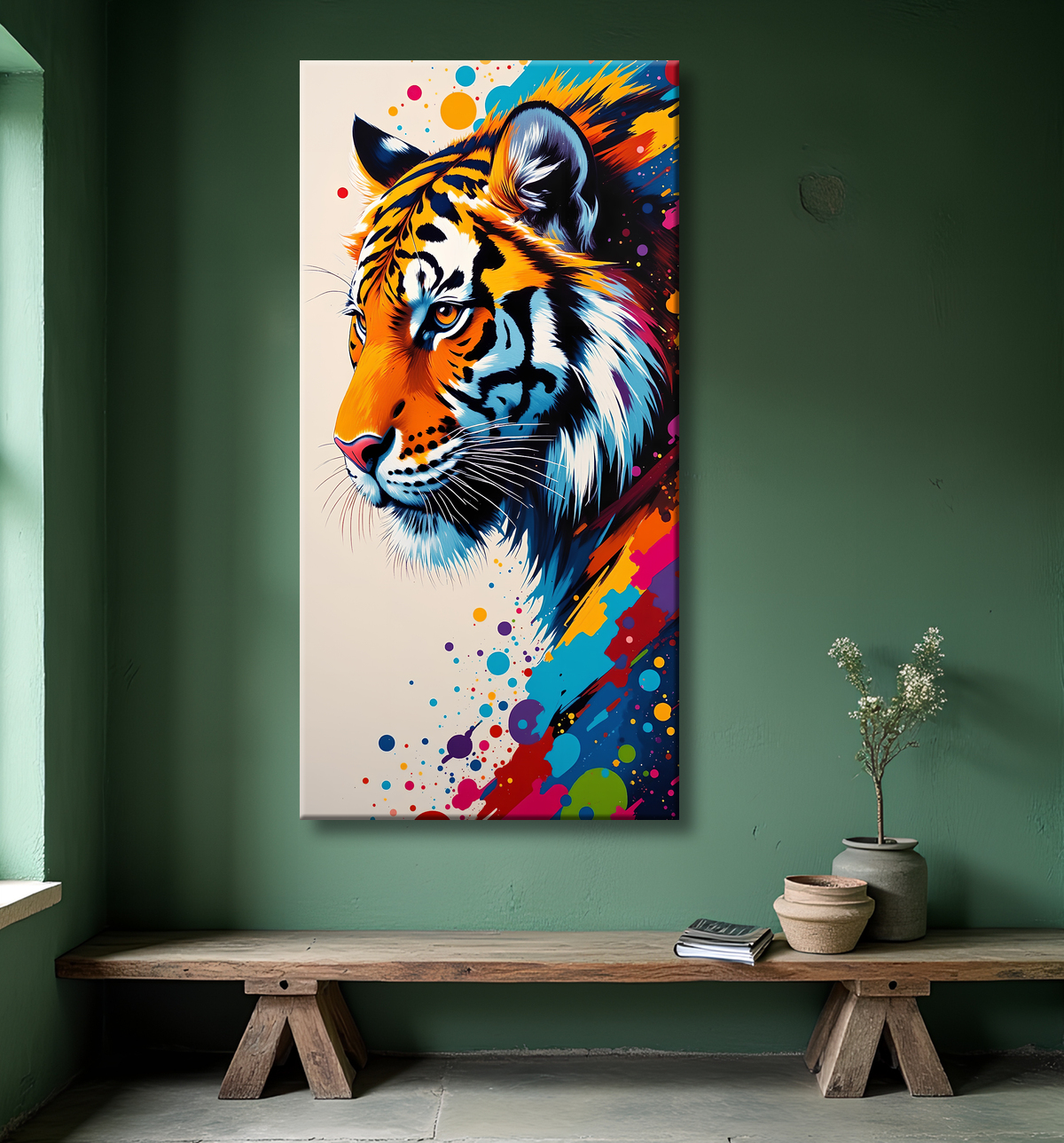 Tableau tigre pop art - Explosion de couleurs sur fond clair avec decor