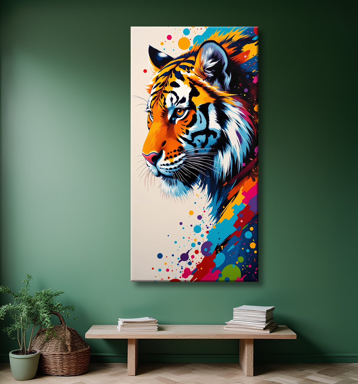 Tableau tigre pop art - Explosion de couleurs sur fond clair avec decor