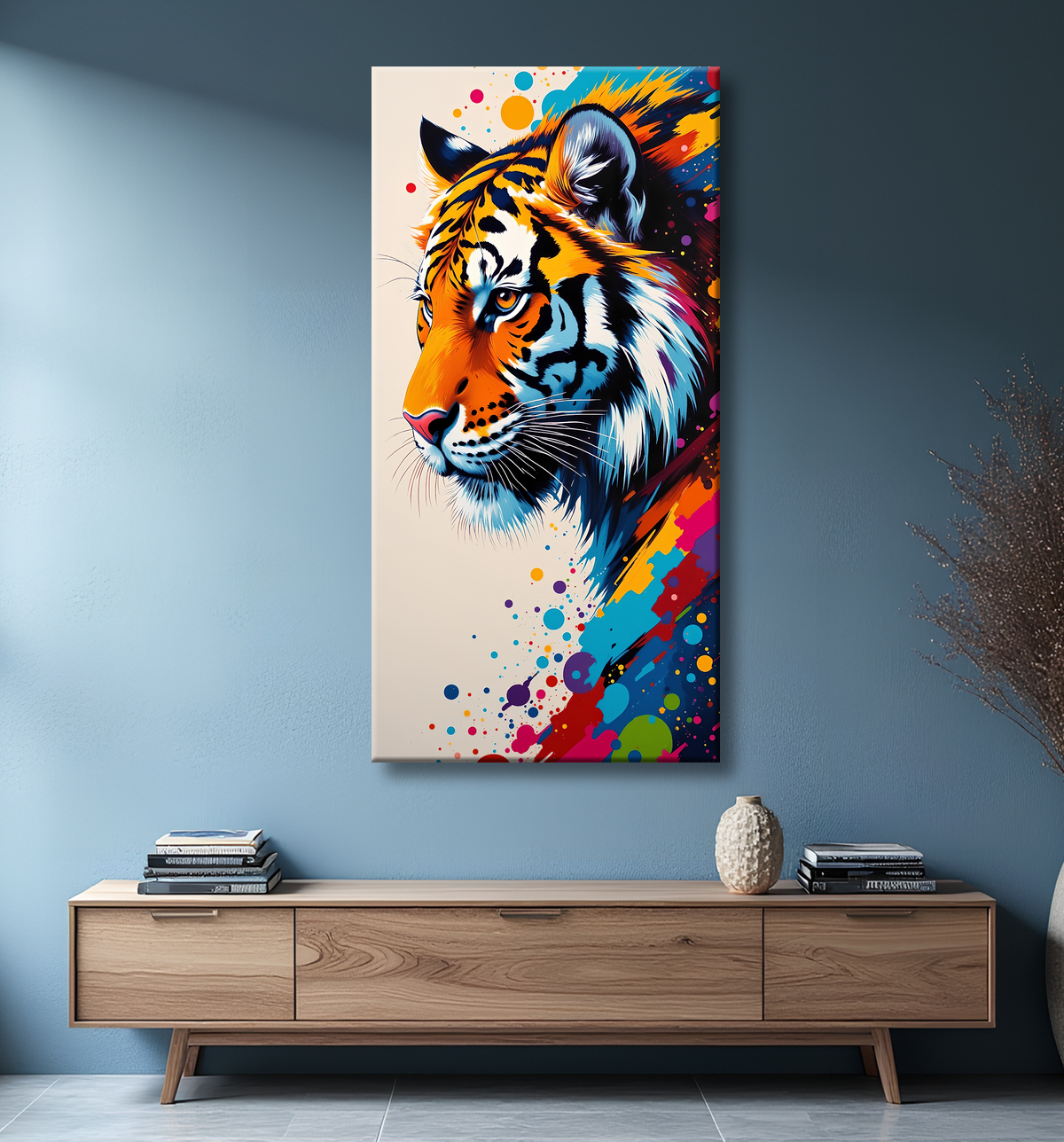Tableau tigre pop art - Explosion de couleurs sur fond clair avec decor