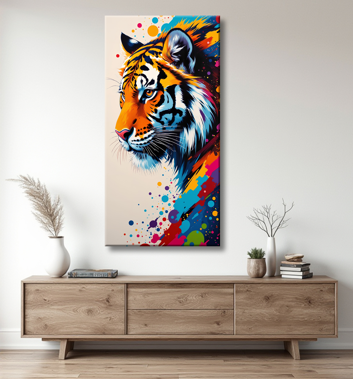 Tableau tigre pop art - Explosion de couleurs sur fond clair avec decor