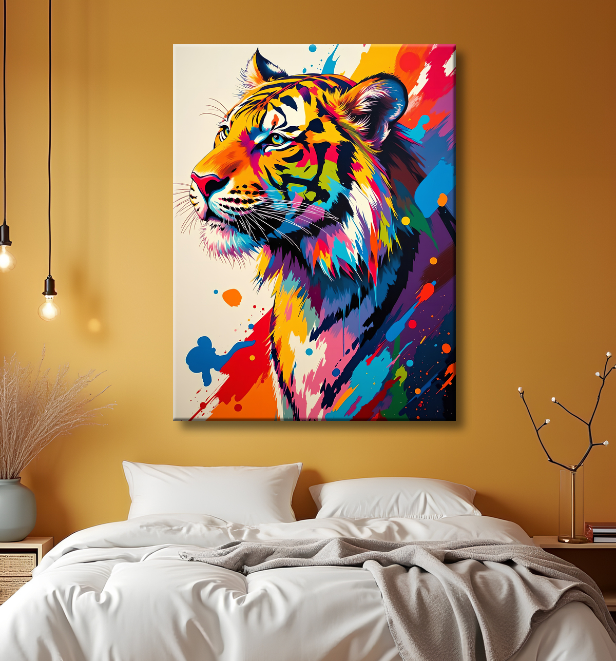 Tableau tigre pop art - Explosion de couleurs sur fond clair avec decor