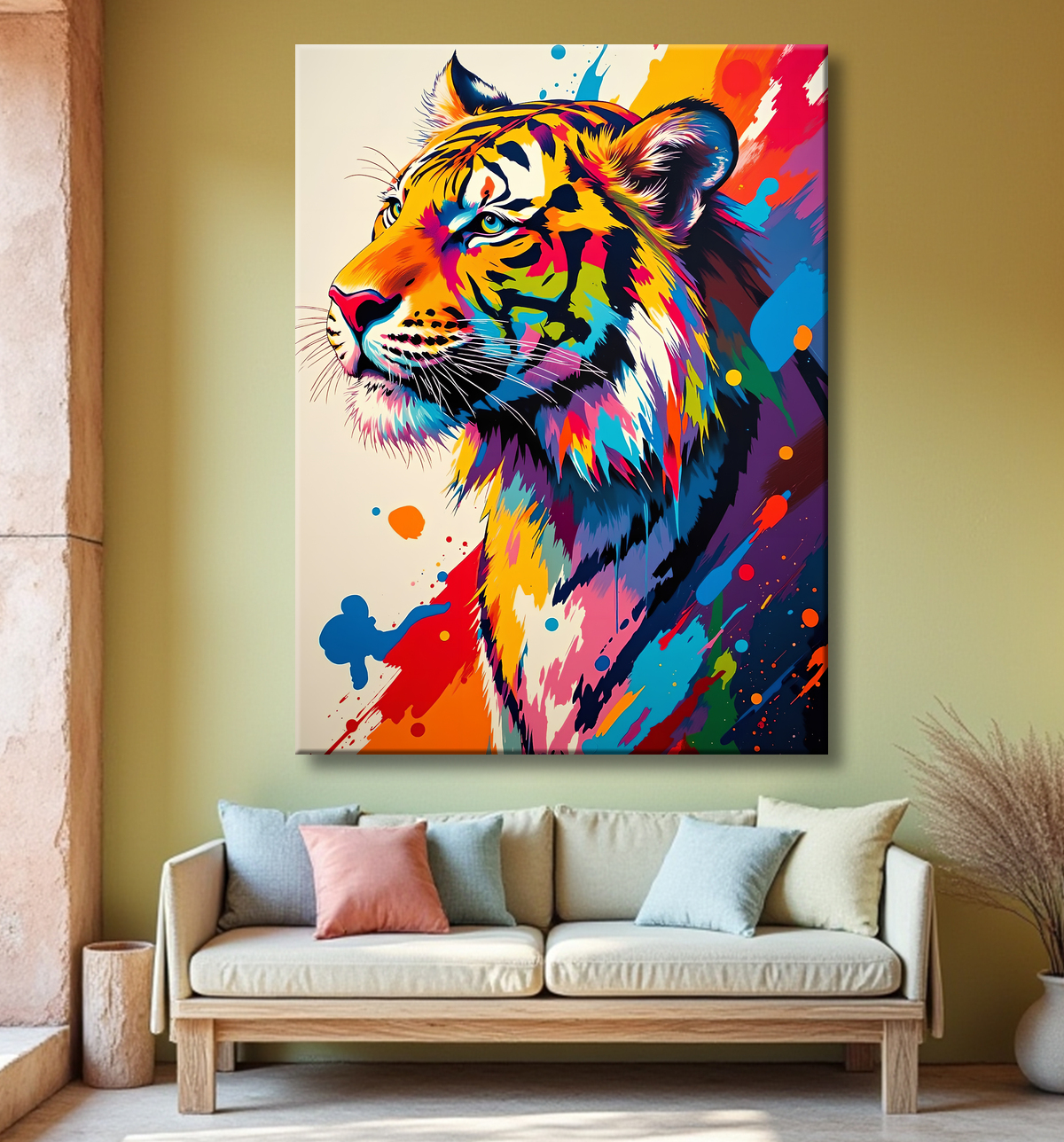 Tableau tigre pop art - Explosion de couleurs sur fond clair avec decor