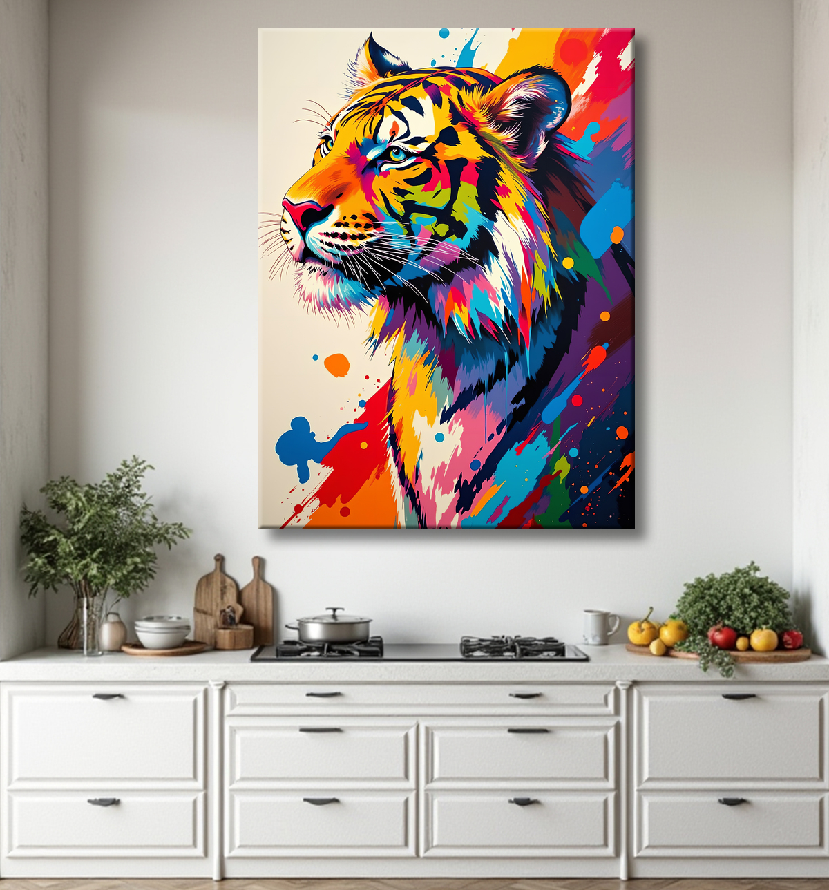 Tableau tigre pop art - Explosion de couleurs sur fond clair avec decor