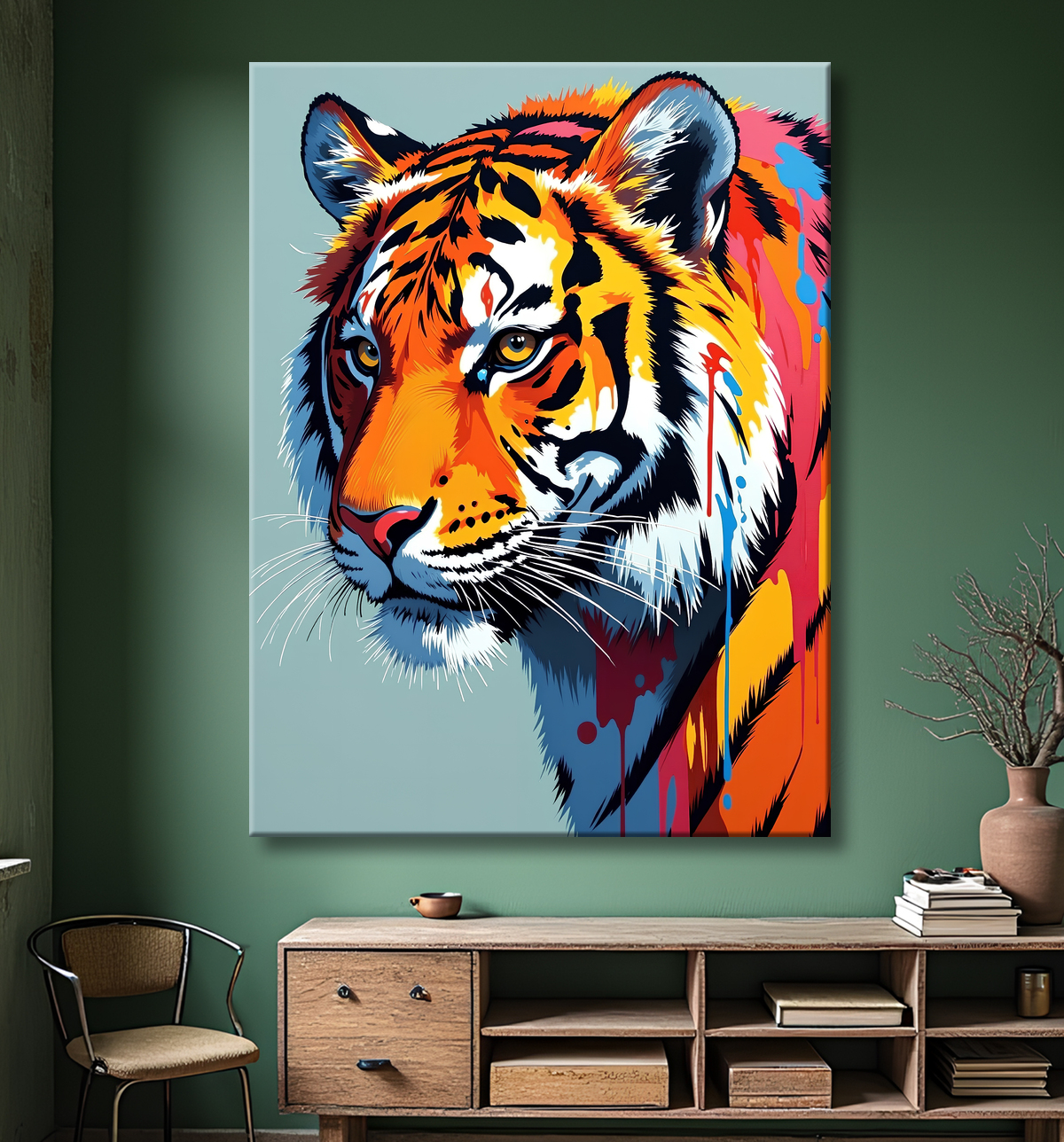 Tableau tigre pop art - Portrait vibrant sur fond bleu-gris avec decor