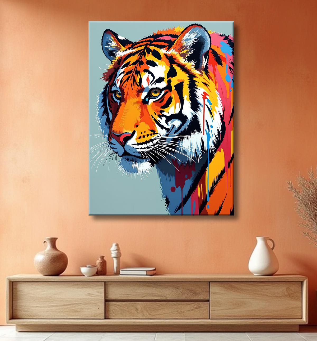 Tableau tigre pop art - Portrait vibrant sur fond bleu-gris avec decor