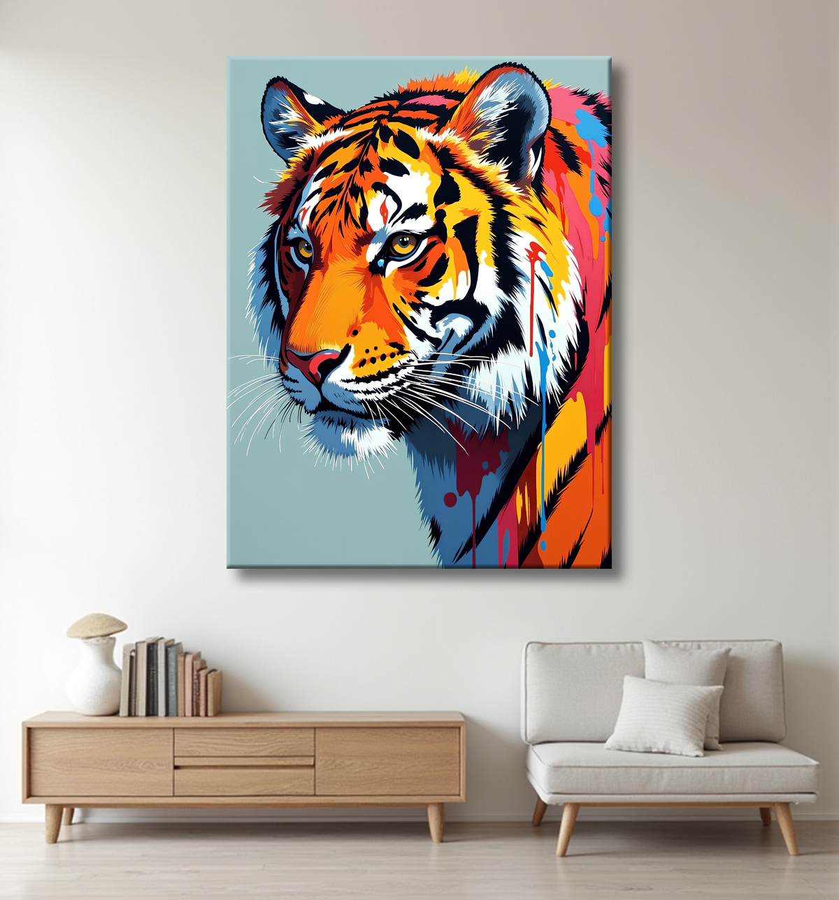 Tableau tigre pop art - Portrait vibrant sur fond bleu-gris avec decor