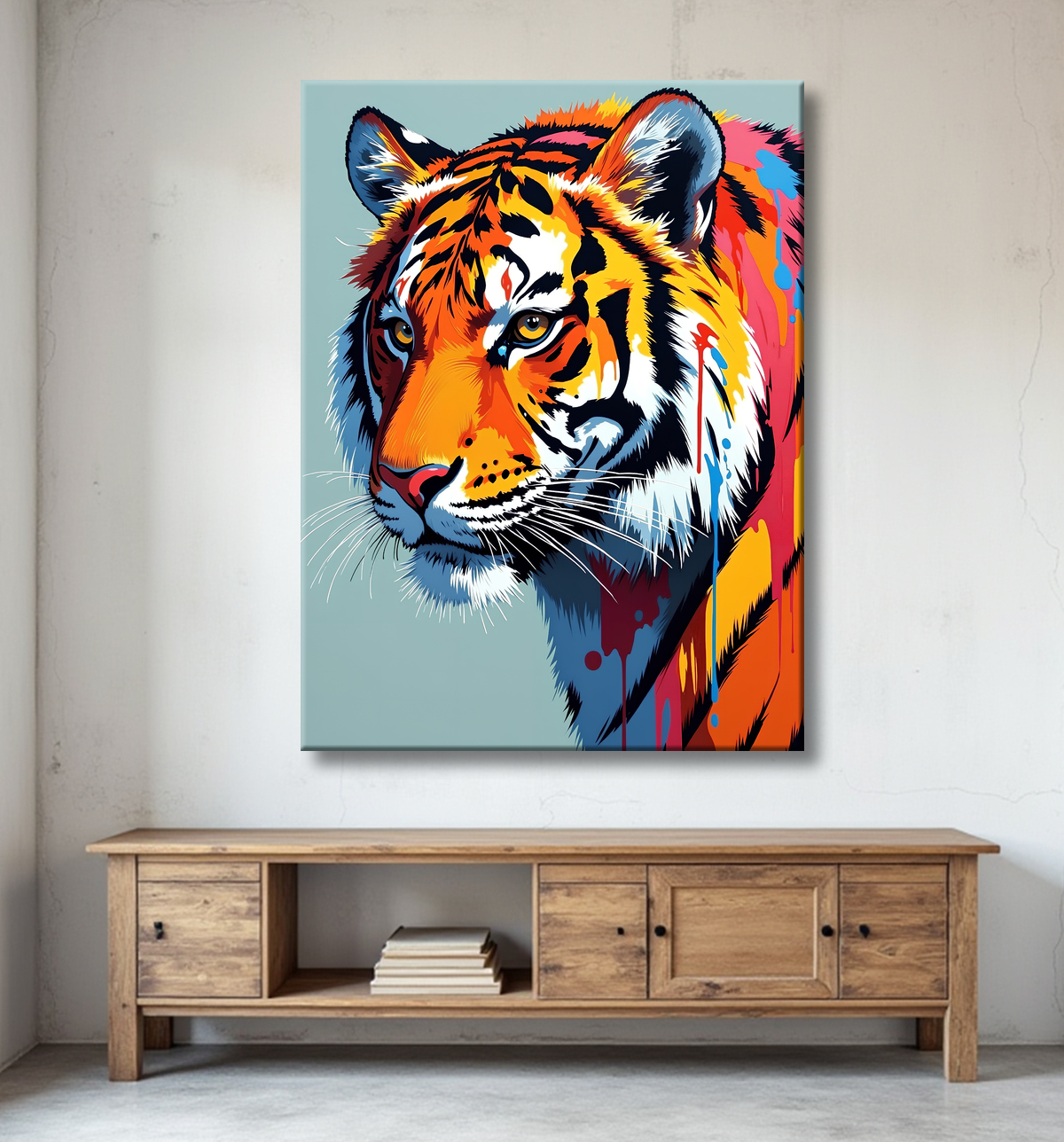 Tableau tigre pop art - Portrait vibrant sur fond bleu-gris avec decor