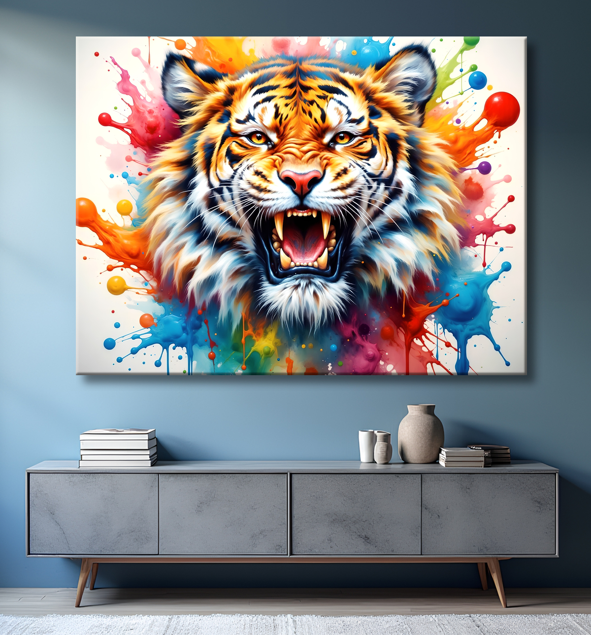 Tableau tigre pop art - Explosion de couleurs et style graphique avec decor