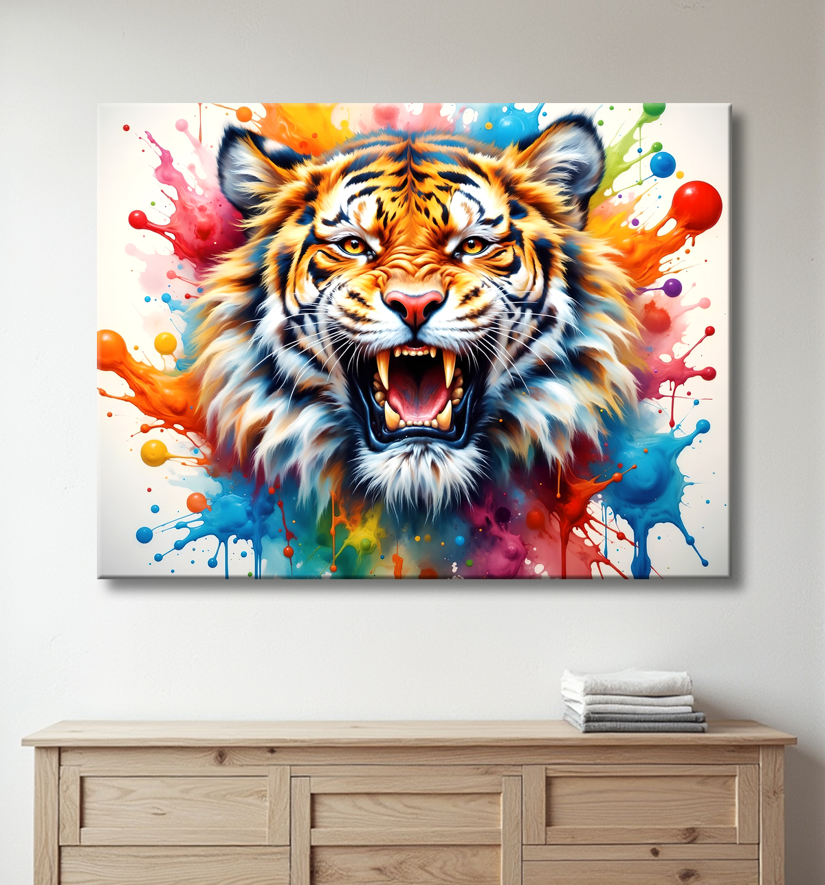 Tableau tigre pop art - Explosion de couleurs et style graphique avec decor